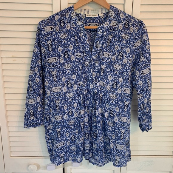 Roller Rabbit Blue White Cotton Tunic Top Small Lightweight Boho Blouse Beach - Picture 14 of 14